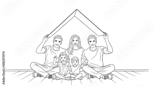 Family under roof sitting on floor in minimalist black and white line art style