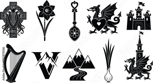 Black silhouette set of Welsh symbols featuring the red dragon, Celtic cross, harp, daffodil, leek, lovespoon, mountains, and medieval castle,