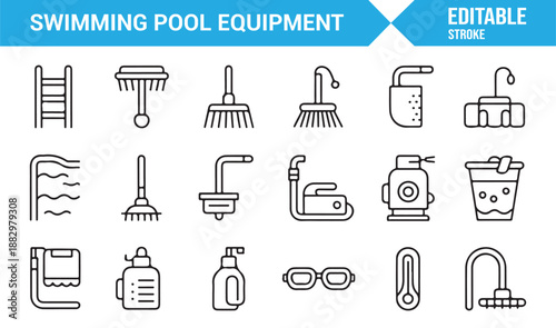 Pool maintenance and cleaning tools icon set isolated on white