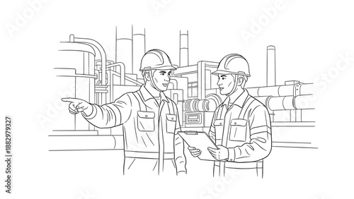 Engineers discussing project at industrial plant in linear style