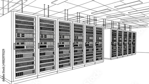 Modern data center architecture with detailed server racks in black and white