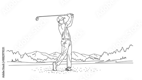 Golfer swinging club in mountainous landscape line art