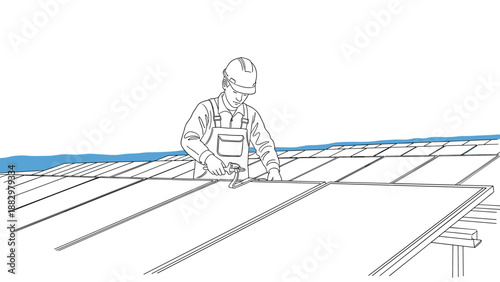 Worker installing solar panels on roof in minimal line art style