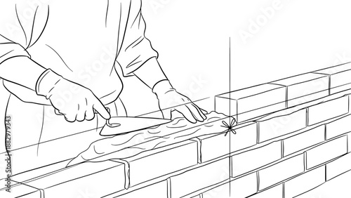 Linear drawing of a worker building a brick wall with trowel and mortar