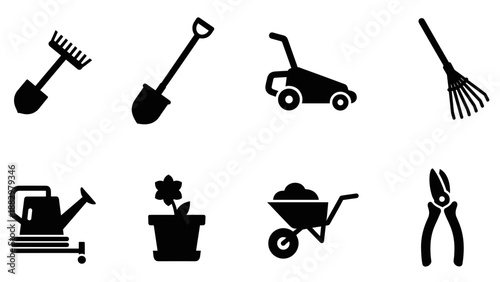 Essential gardening tools silhouette icons set for landscaping and outdoor maintenance