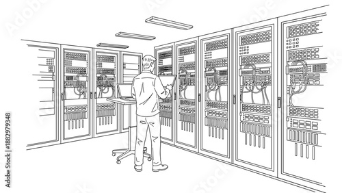 Data center technician in network server room, linear style black and white