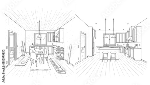 Minimalist interior design layout with kitchen and dining area in linear style