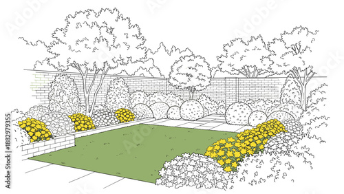 Tranquil linear backdrop of a garden with trees and flowering bushes