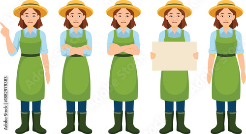 Five cartoon women farmers in green overalls and yellow hats in various poses, one holding a blank sign