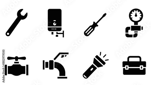 Essential plumbing and maintenance tools: silhouette icons for utility projects