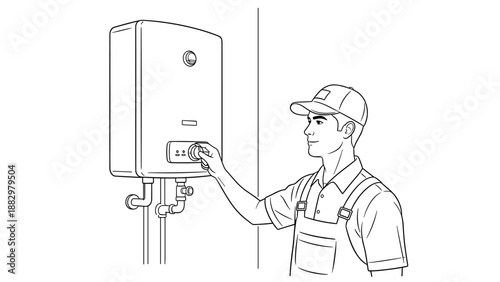 Technician adjusting boiler: line art of maintenance work for heating system