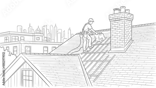 Worker installing solar panels on rooftop in urban skyline setting
