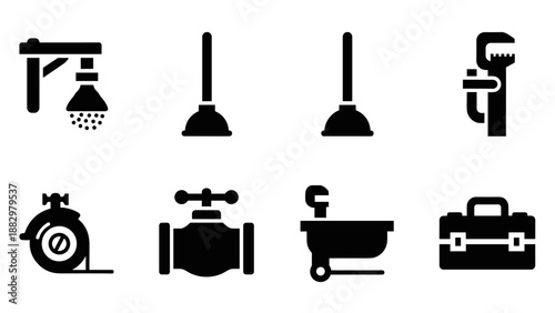 Plumbing tools and fixtures icons set in bold silhouette style