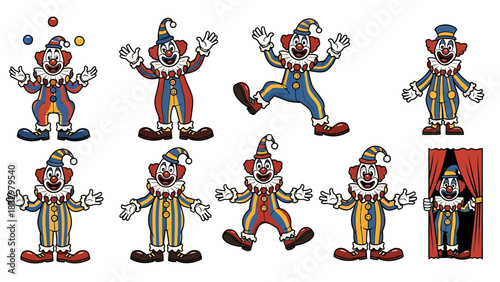 A collection of cheerful cartoon clowns showcasing various amusing actions and joyful poses, perfect for children's entertainment, festive celebrations, and vibrant graphic design projects