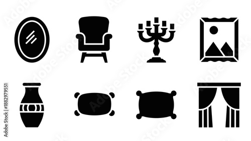 Set of elegant home decor icons in solid black style