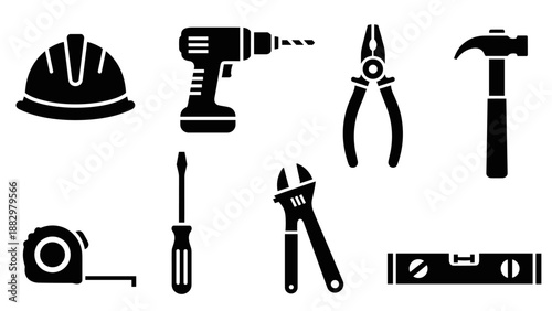 Silhouette set of essential construction tools for builders and diy projects