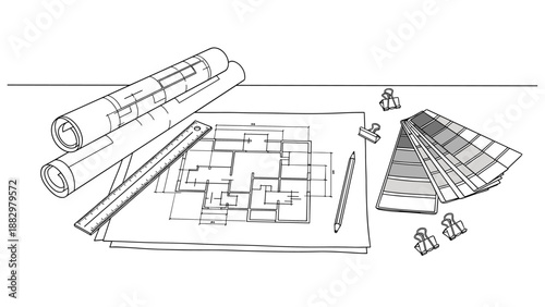 Architectural blueprint with tools and color swatches in linear style