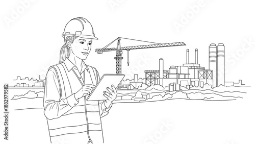 Female engineer with tablet overseeing construction site with industrial buildings and cranes