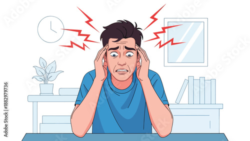 Young man experiencing intense headache, holding his temples in distress with red lightning bolts indicating pain