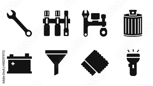 Essential automotive tools and equipment icons in bold silhouette style