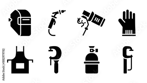 Welding equipment essentials: tools and safety gear icons for industrial use
