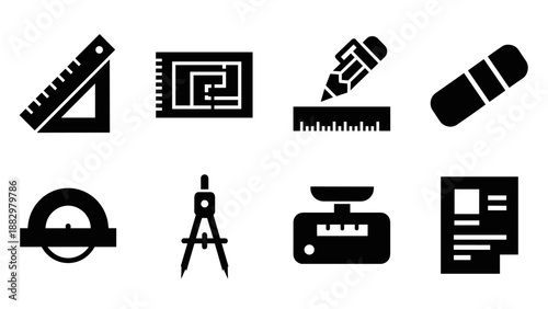 Black icon set of drafting tools and office supplies for design projects