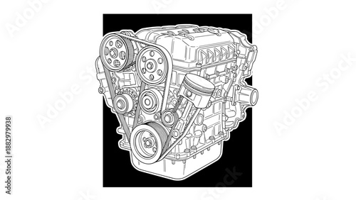 Detailed linear drawing of an automotive engine with belt and pulley system
