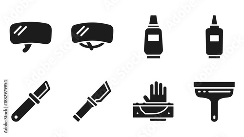 Silhouette car window tinting tools set: squeegee, cutter, spray bottle icons