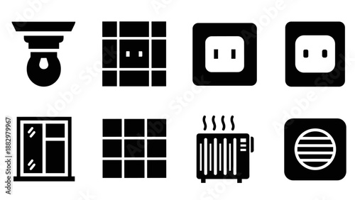 Minimalist black icons of home appliances and fixtures