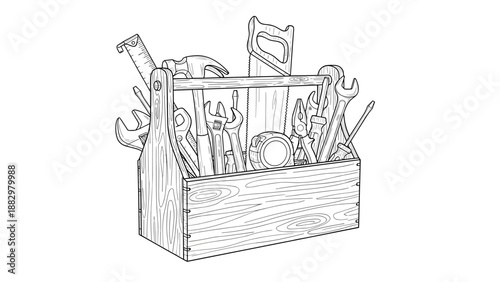 Hand drawn toolbox with assorted tools for carpentry and repair