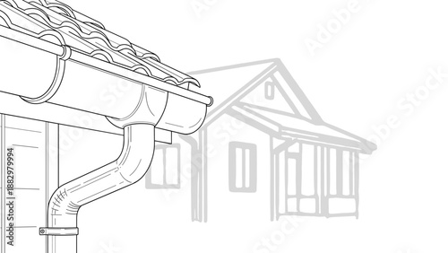Linear roof drainage system with gutter and pipe on outlined house background