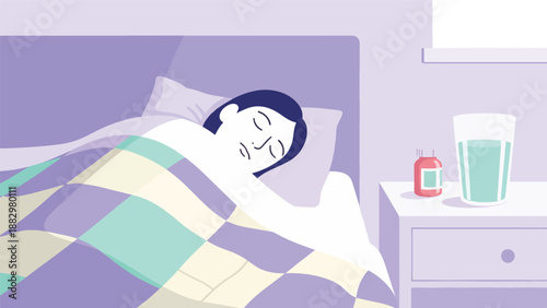 Illustration of a person sleeping peacefully in bed with medication and a glass of water on the nightstand, symbolizing rest, recovery, and health care.