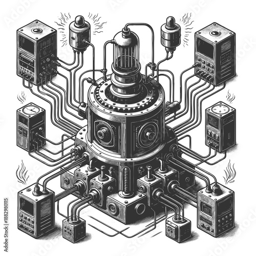 vintage mechanical device connected to numerous wires, switches, and control boxes in all directions sketch engraving generative ai vector illustration. Scratch board imitation. Black and white image.