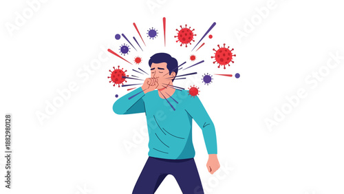 Illustration of a man coughing or sneezing, surrounded by spreading virus particles, symbolizing respiratory illness, contagion, and disease transmission.