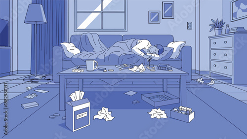 Depressed or sick person lying on a sofa in a very messy room, surrounded by clutter and tissues, illustrating mental or physical health issues.