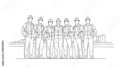 Group of construction workers in safety gear line art