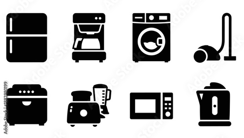 Essential home appliances icons in bold silhouette style