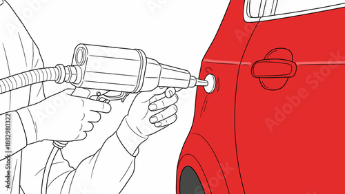 Car repair technician using paintless dent repair tool on vehicle