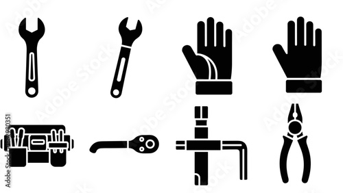 Silhouette toolbox and hand tools icons set for industrial and diy projects