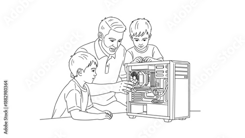 Family learning moment: father and sons assembling a computer together