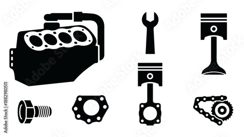Silhouette engine parts collection: piston, wrench, chain, and bolt designs