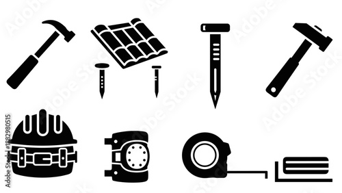 Black and white construction tools and equipment icons set for hardhat projects