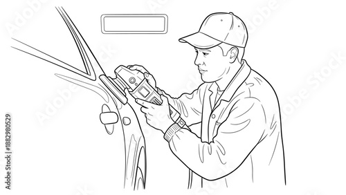 Mechanic using diagnostic tool on car in workshop line art drawing
