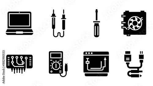 Electronics and computer repair tools icons: silhouette set for tech maintenance