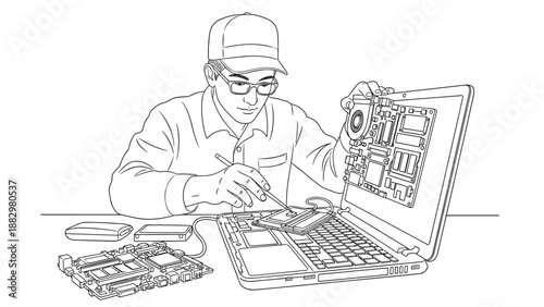 Technician repairing laptop circuitry in detailed line art