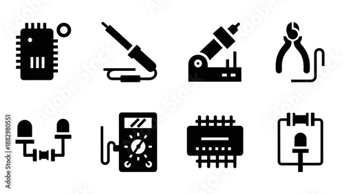 Electronic tools and components icons set: circuit, soldering, measurement, and repair essentials