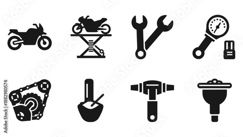 Motorcycle maintenance icon set: tools and equipment silhouette collection