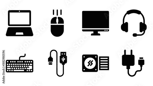 Silhouette icons of computer and tech accessories on white background