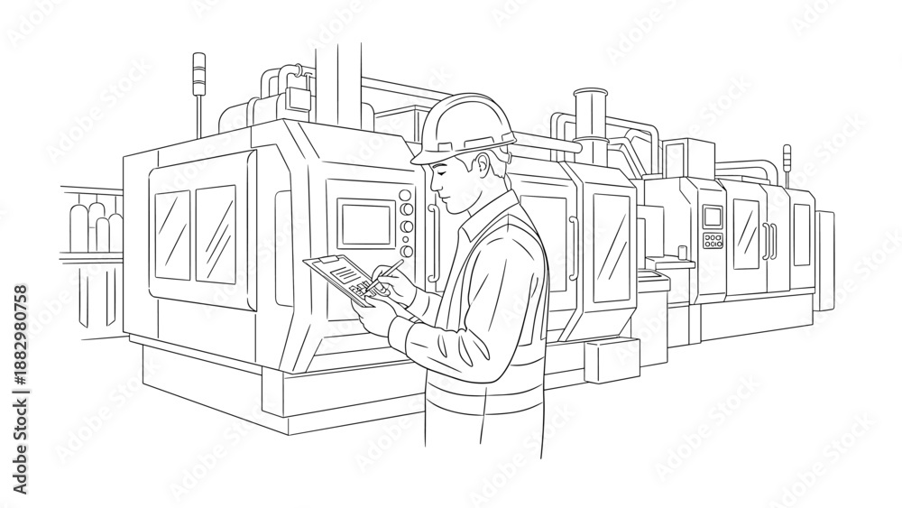 Obraz premium Engineer operating cnc machine in modern factory setting