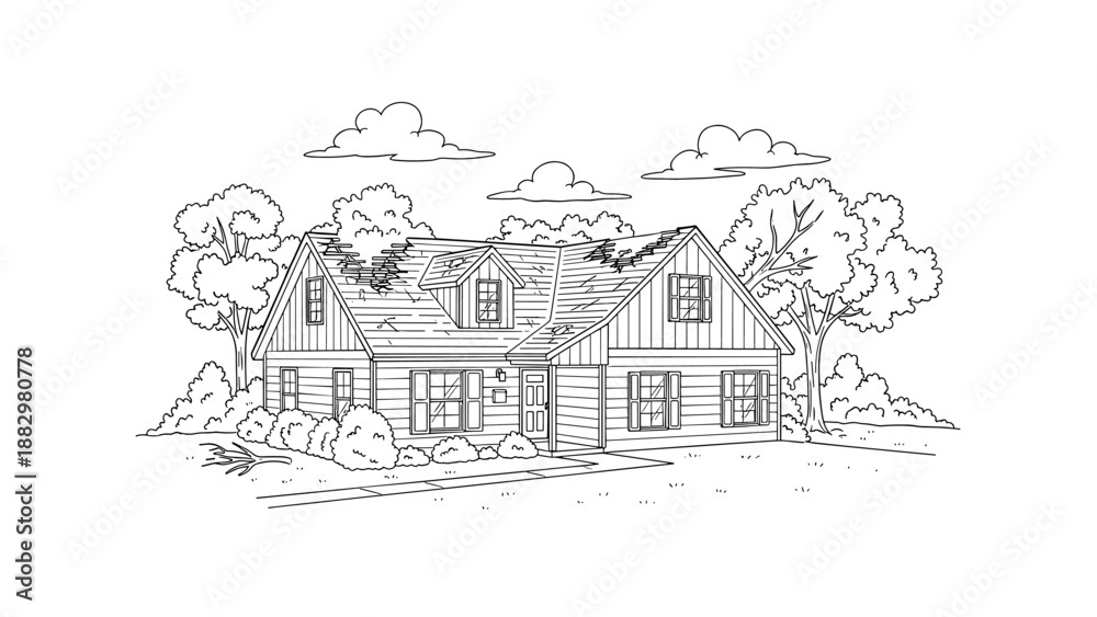 Obraz premium Charming country house line art with trees and clouds in background